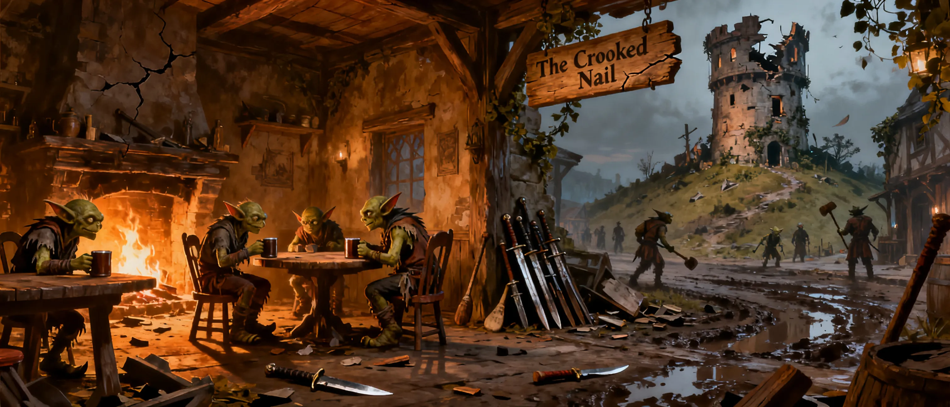 A group of goblins meet in a bar after fighting a losing turf war battle
