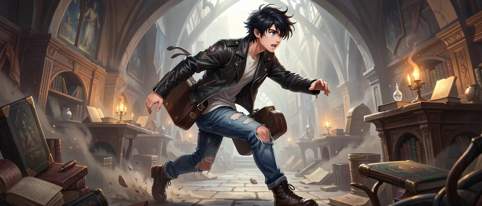 17-year-old boy with messy black hair, storm-blue eyes, leather jacket, ripped jeans, and combat boots, carrying a hidden accordion case.