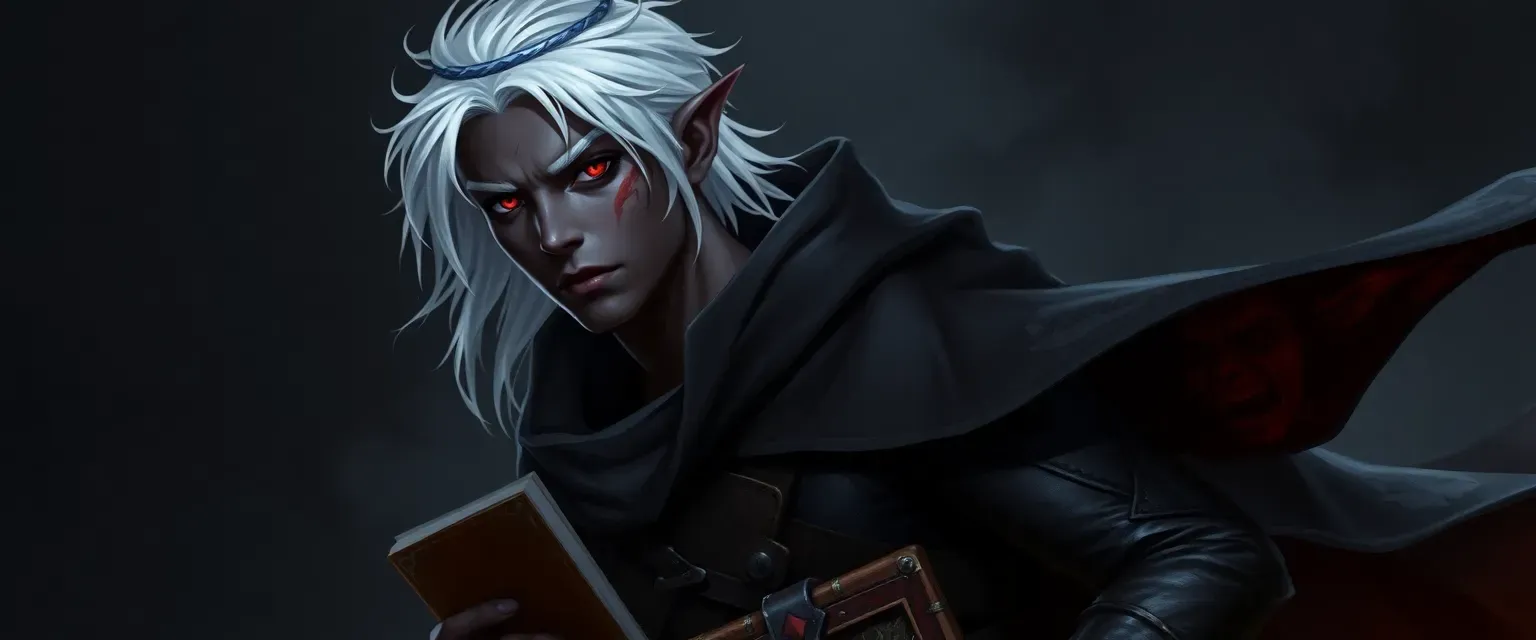 Lean male drow, 28, obsidian skin, short white hair, crimson eyes with scars, wearing patched leathers and cloak, carrying a journal and dagger.