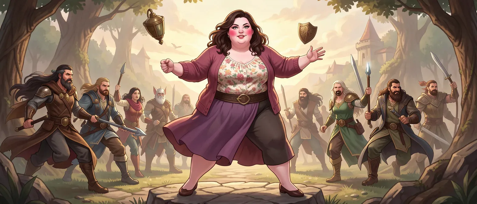 Full-figured pear-shaped woman in her 30s, pale skin with pink flush, wavy espresso-brown hair, large almond eyes shifting grey to brown, full lips, small nose mole. Wears cardigan, floral blouse, skirt, flats.