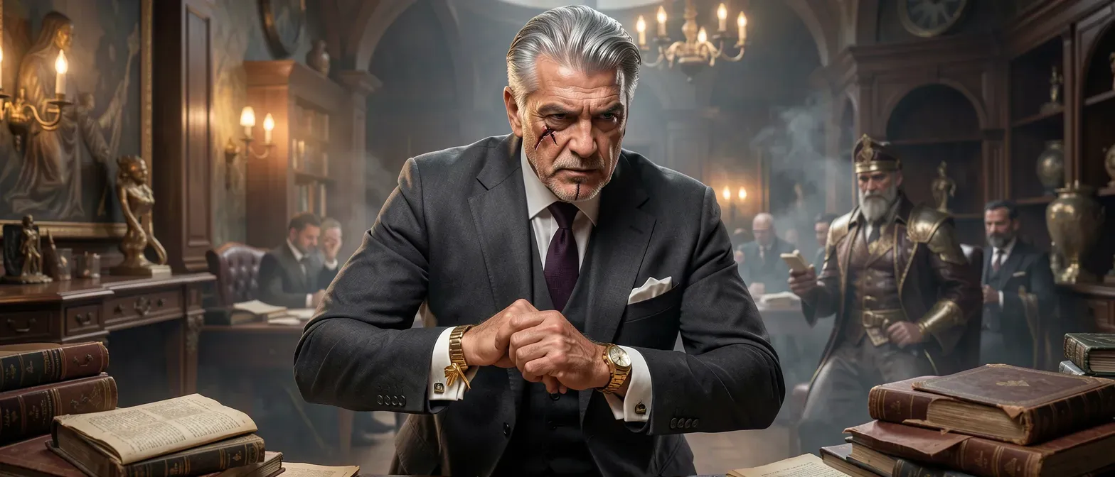 Mid-40s mafia boss in tailored charcoal suit, silver-streaked hair, obsidian eyes, scar on jaw, adjusting gold cufflinks.