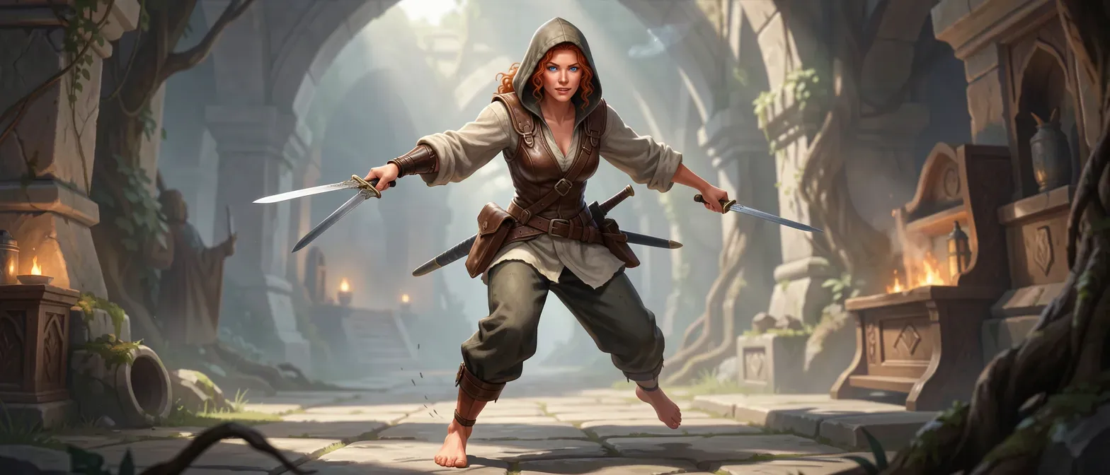 3'3" tall woman with sunkissed skin, medium red curly hair half-up, sapphire eyes, barefoot, in hooded leather vest, loose shirt, trousers, belt with pouches, and sheathed daggers.