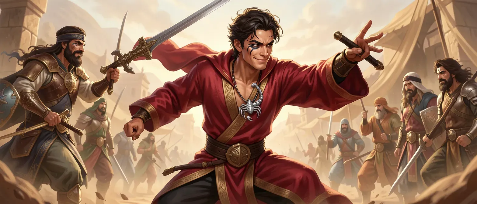 Young man, 20s, wiry build, sun-baked skin, sharp eyes with kohl, smirking thin lips, crimson silk robes, silver scorpion amulet, desert merchant vibe.