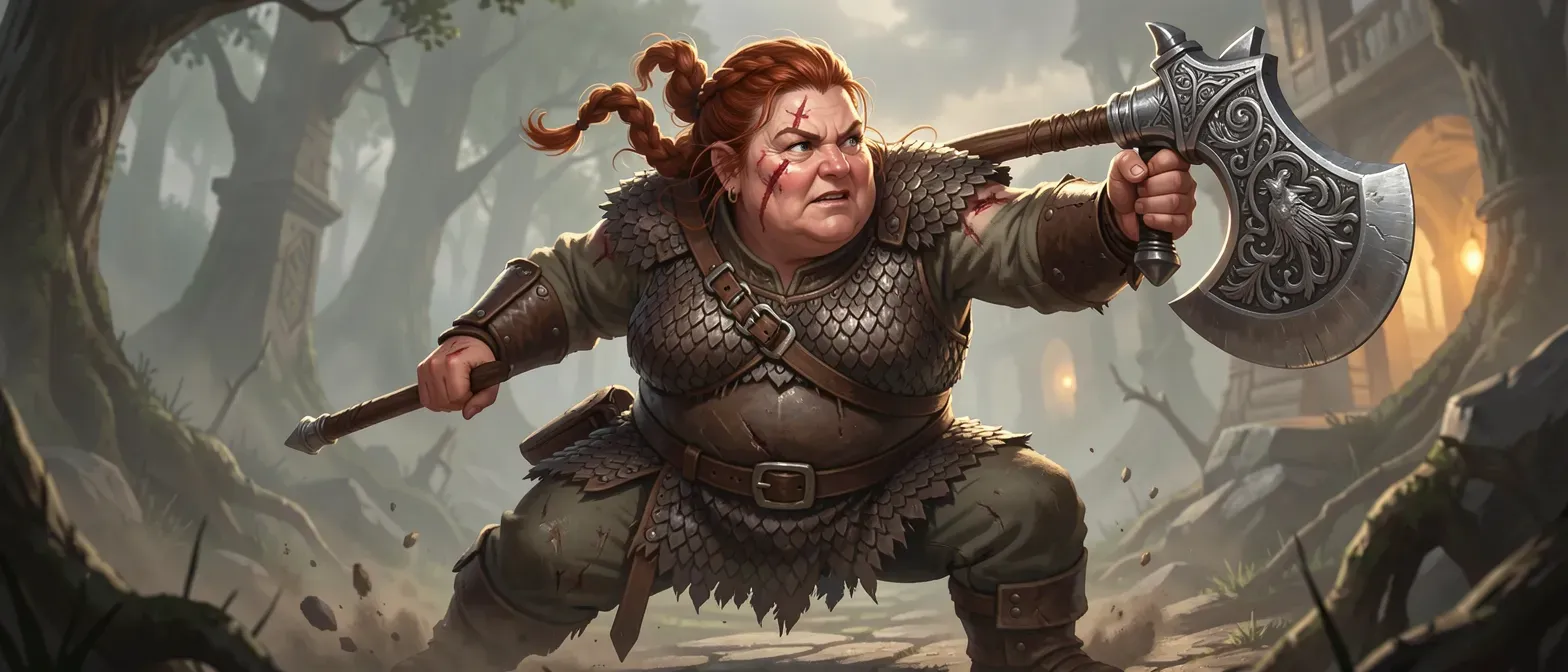 Stocky 57-year-old dwarf woman with braided auburn hair, scars, mail tunic, and a beautiful engraved axe.