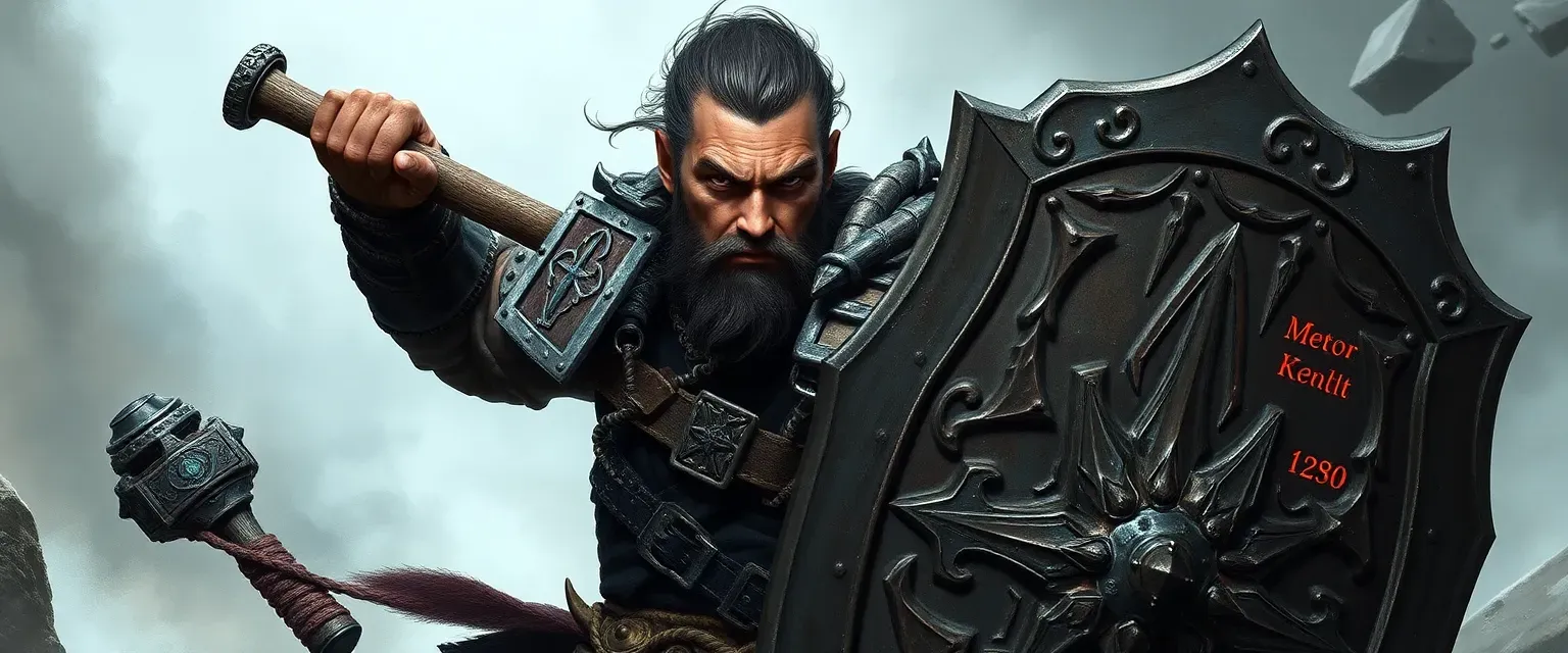 A rugged 47-year-old warrior with scarred, rune-etched skin, iron-gray stubble, obsidian eyes, wearing enchanted mithril armor and wielding a massive meteor hammer and greatshield.