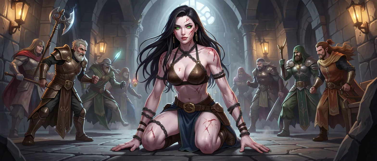 Naked young woman in her twenties with scarred pale skin, long dark hair, green eyes, chained at neck and limbs, kneeling submissively in a dimly lit dungeon.