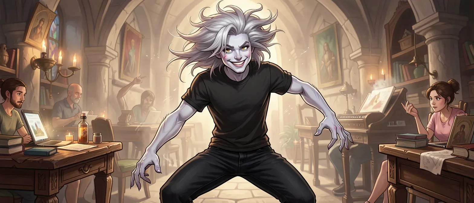 5'6 anthropomorphic spider with pale skin, crazy hair, black denim jeans and t-shirts, charming flirty expression.