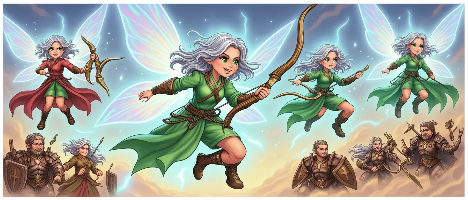Tiny sprite fairy with silver wavy hair, iridescent wings, emerald eyes, wearing green silk tunic and bracers, holding a yew bow, ethereal and fierce expression.