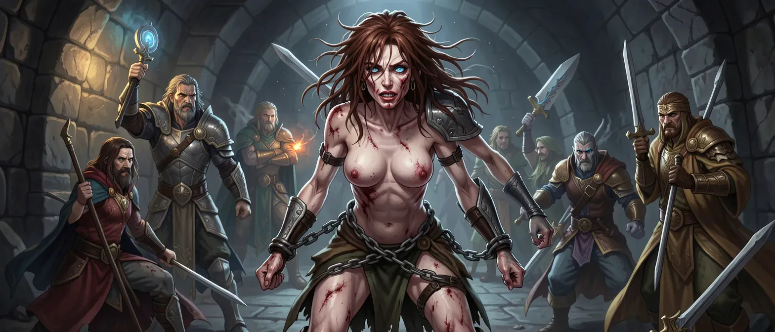 A 23-year-old woman with matted chestnut hair, gaunt face, stormy blue eyes, chained and nude, body marked by bruises and welts on intimate areas, in a dim stone dungeon.