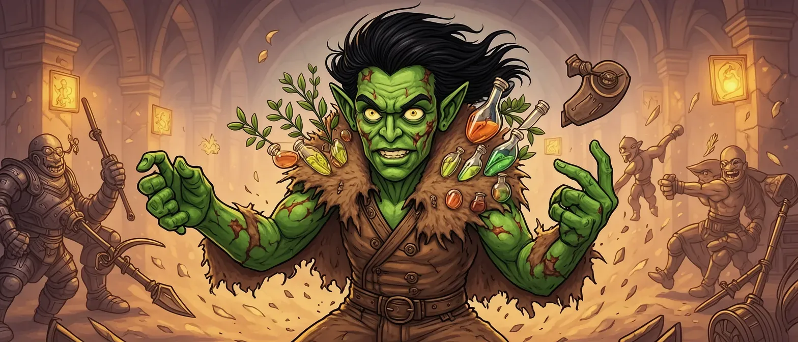 A 38-year-old goblin alchemist with mottled green skin, scarred cheek, wide yellow eyes, wild black hair, wearing a tattered rat-hide cloak bulging with vials and herbs, fidgety nimble fingers.