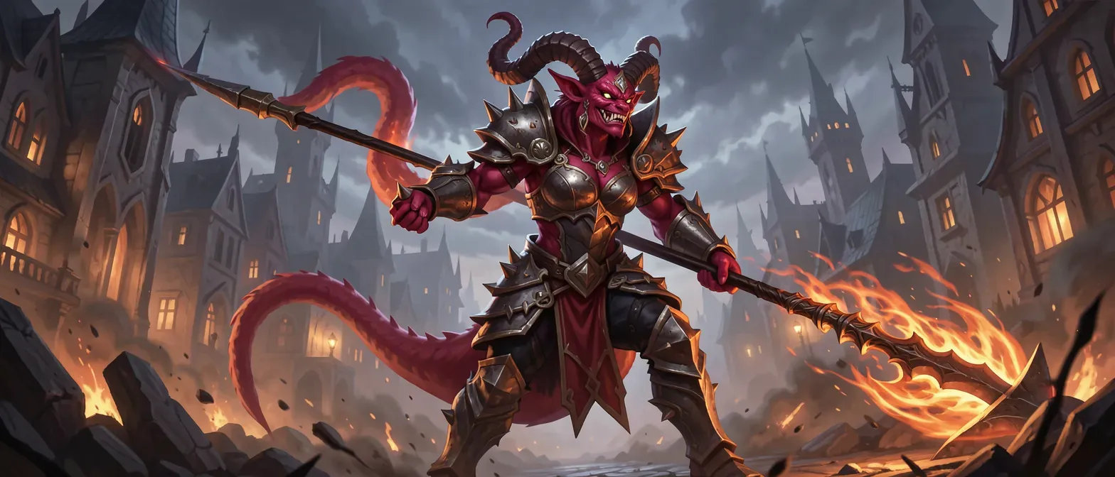 Fierce tiefling warrior princess with crimson skin, curling horns, tail, spiked armor, holding flaming glaive in dark fantasy city.