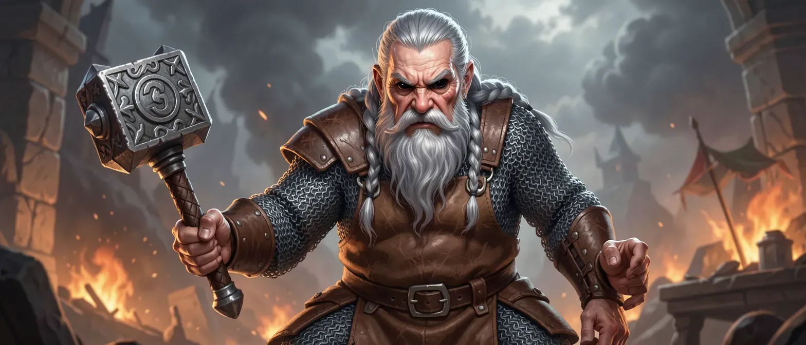 65-year-old dwarf woman with silver-streaked braided beard, wearing leather apron over chainmail, holding ornate hammer, stern obsidian eyes.