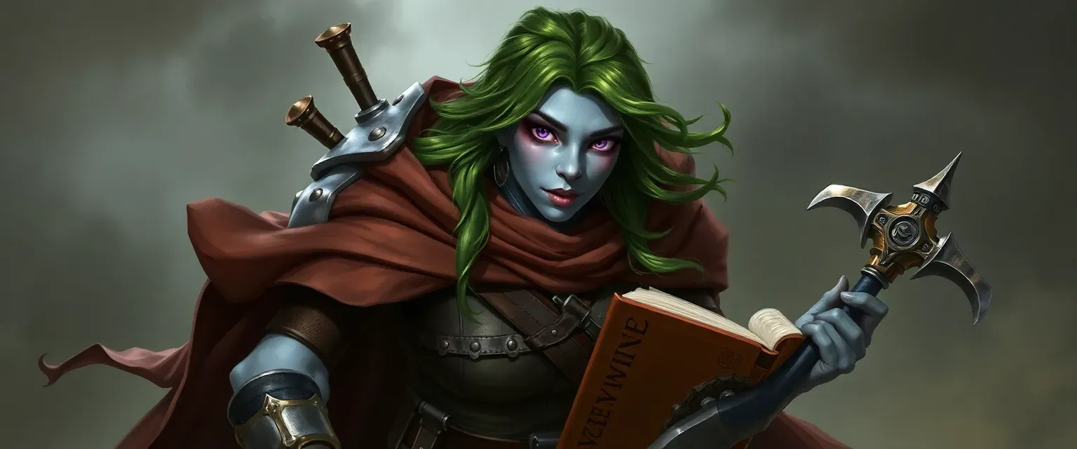 Lithe 17-year-old female Goliath with grayish-blue skin, attractive features, one eye split purple and verdant green, wearing reinforced leathers and cloak, carrying war pick and quill spellbook.