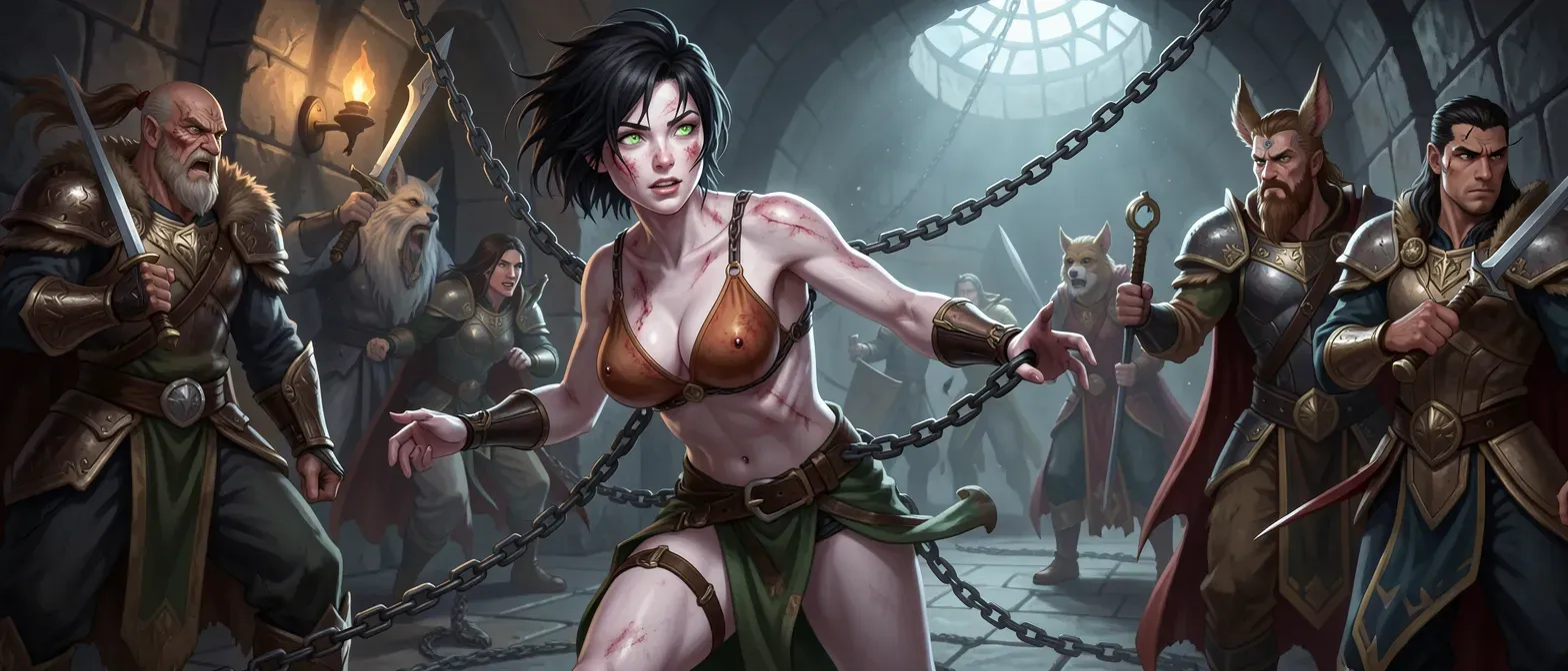 Naked 23-year-old woman with pale scarred skin, green eyes, short matted black hair, chained in dungeon, lithe body with small breasts and pierced mound.