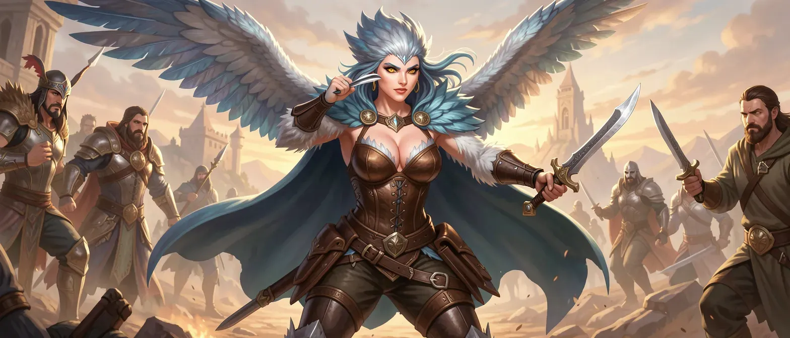Lithe Aarakocra female with iridescent blue-silver feathers, golden eyes, beak-like mouth, showing chest feathers and cleavage in leather corset, breeches, cape; wields scimitar and dagger, confident and beautiful.