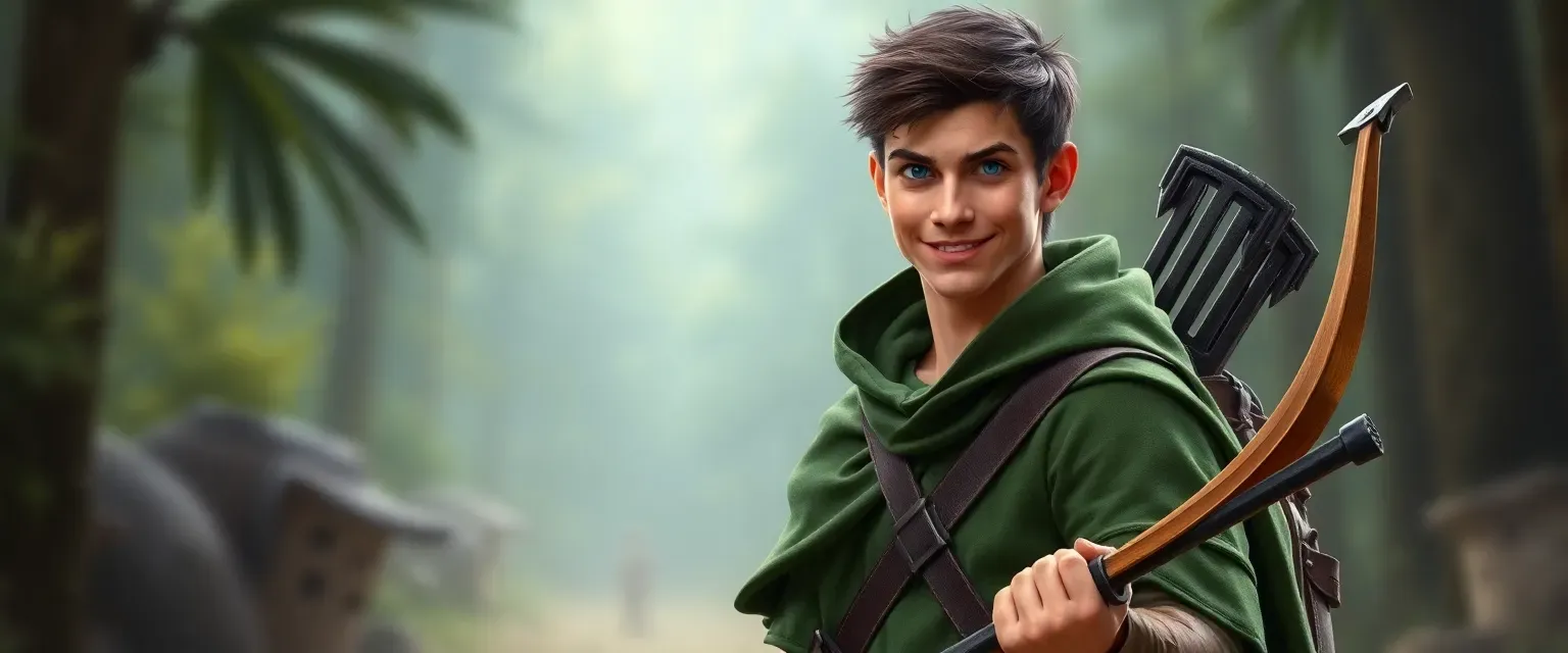 Tall, lanky 24-year-old man with blue eyes and short dark brown hair, wearing a green ranger cloak, leather boots, and carrying a longbow and shortsword, mischievous grin on his sharp face.