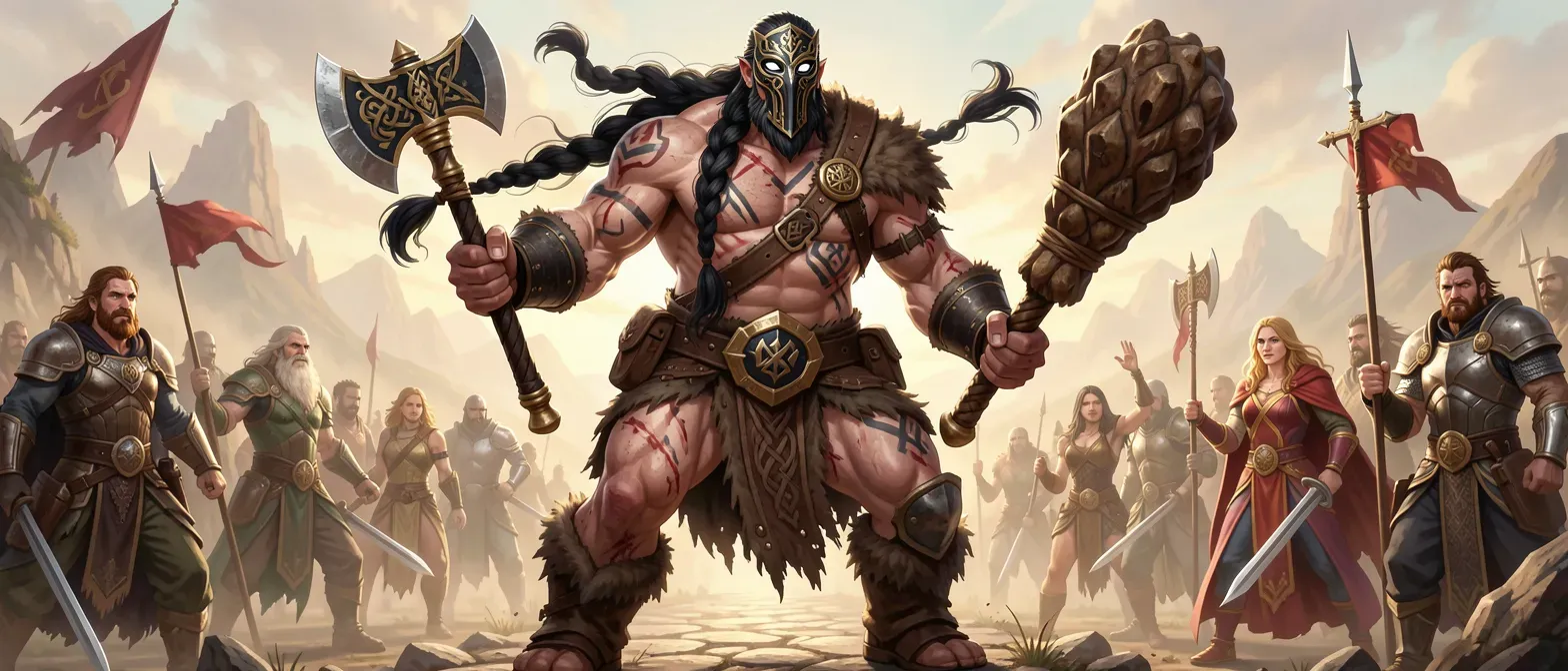 Towering 3m tall, 122-year-old warrior with long black Celtic braid, scarred body with tribal markings, white irises and black sclera eyes, wearing leather hides, Wanderer's Mask, dual black-gold axes, and massive kanabo club.