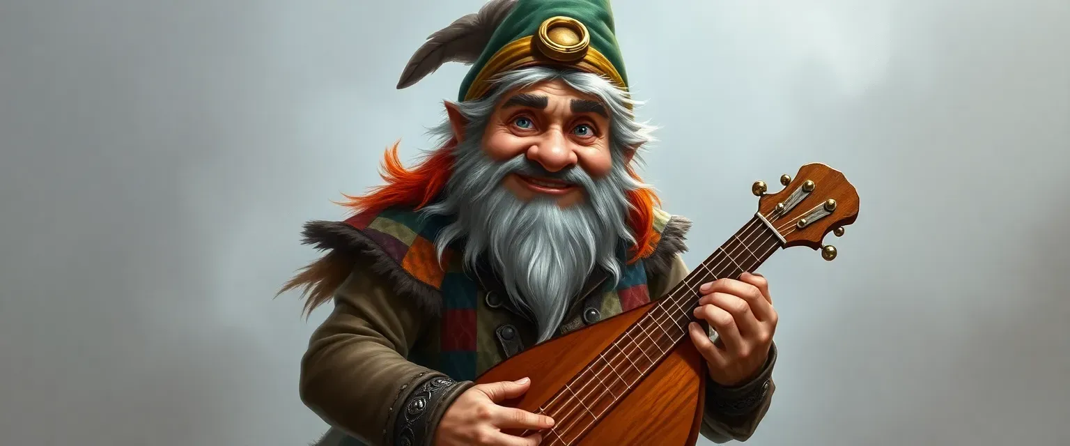 A 45-year-old male gnome bard, wiry build, 3 feet tall, wild chestnut hair with silver streaks, blue eyes, bulbous nose with gold ring, colorful patchwork doublet, feathered cap, holding a lute, tanned leathery skin, mischievous grin.