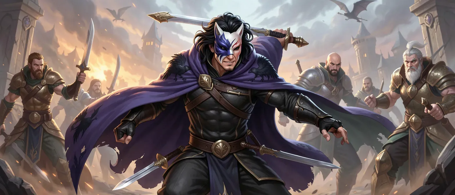 Pale Shadar-kai assassin in his thirties, lithe build, obsidian eyes, black wavy hair, wearing dark leather tunic and indigo cloak with raven motifs, kitsune mask on brow, twin soul-knives at belt.