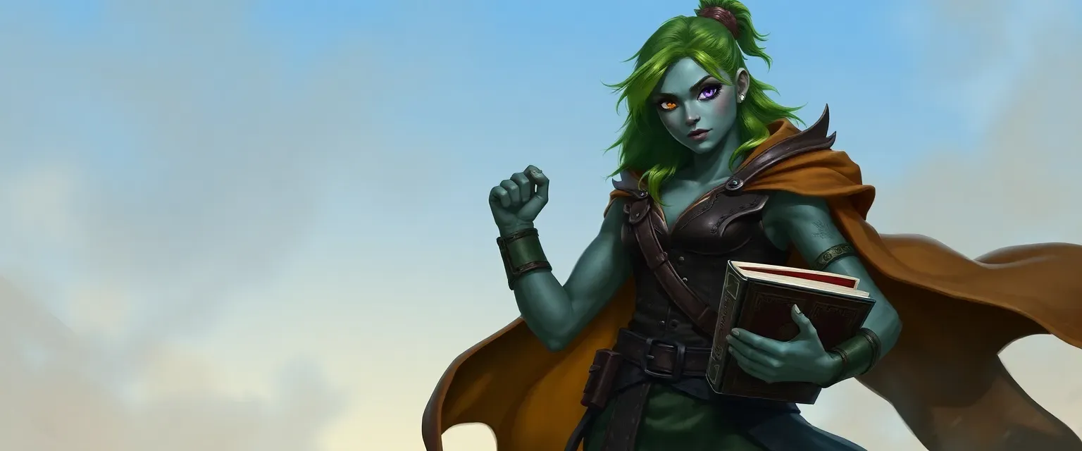 Lithe 17-year-old female goliath with grayish-blue skin, attractive features, one eye split purple and verdant green, wearing leather vest, tunic, breeches, cloak, carrying war pick and spellbook.
