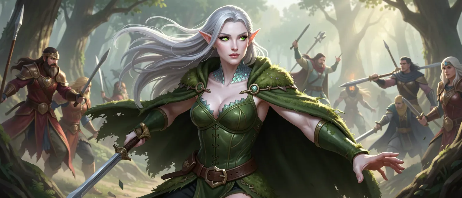 Lithe elven woman with pale skin, long silver hair, emerald-gold eyes, wearing green leather corset and mossy cloak; subtle iridescent scales at collarbones.