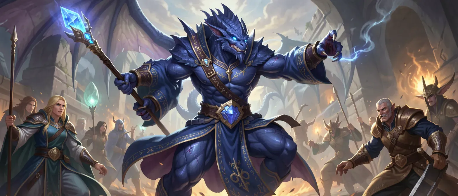 Tall, muscular sapphire-scaled dragonborn male, 32 years old, with glowing azure eyes, spined crest, scarred claws, wearing rune-embroidered silk robes and holding a sapphire-topped staff.