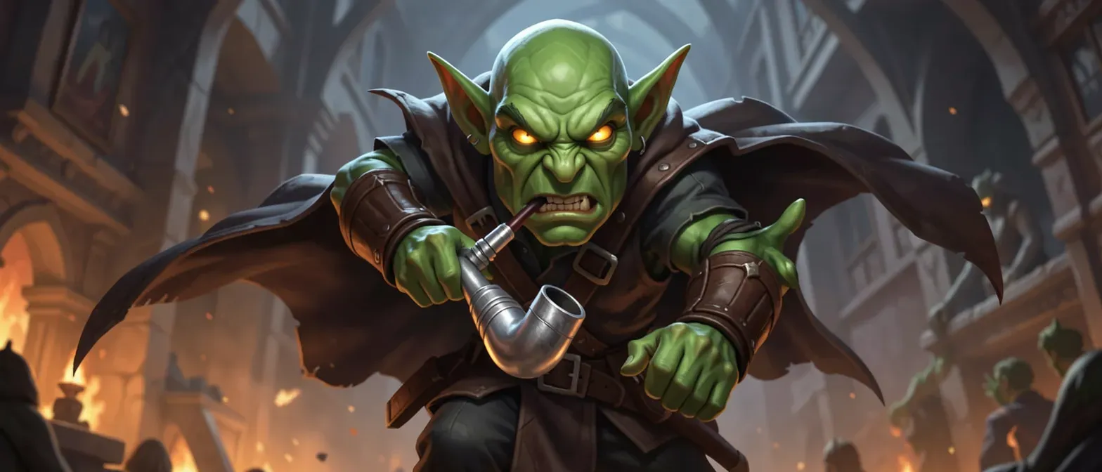 Compact green-skinned goblin thief with predatory scanning eyes, in dark leathers and cloak, clutching a silver-fitted pipe.