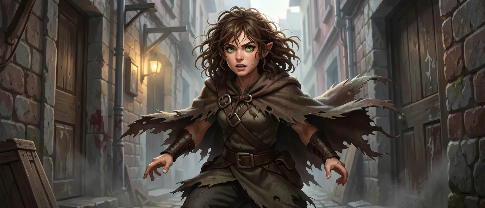 Young halfling woman with matted curly brown hair, green eyes, tattered cloaks, darting gaze, standing in a grimy alley.
