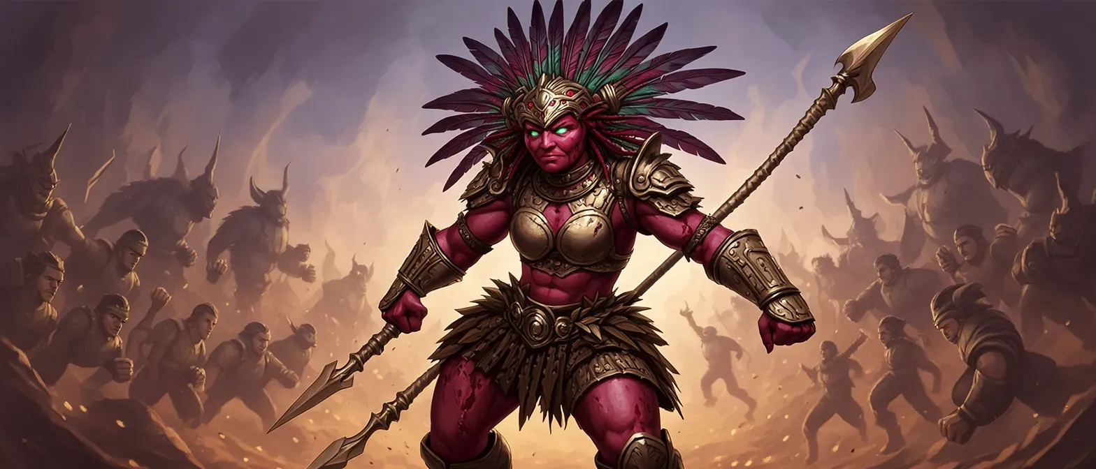 A crimson-skinned Patapon warrior in her thirties, with a single luminous eye, scarred body, feathered headdress, bone-armored hides, and a spine-spear; intense and rhythmic in demeanor.