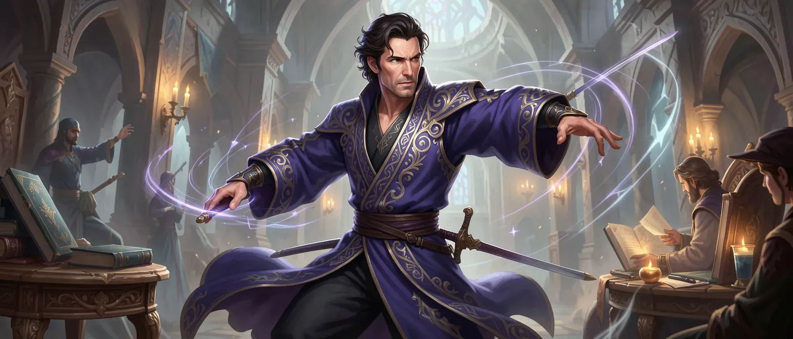 Mid-thirties slender man with wavy dark hair, expressive eyes, indigo embroidered robes, rapier at hip, faint sonic aura.