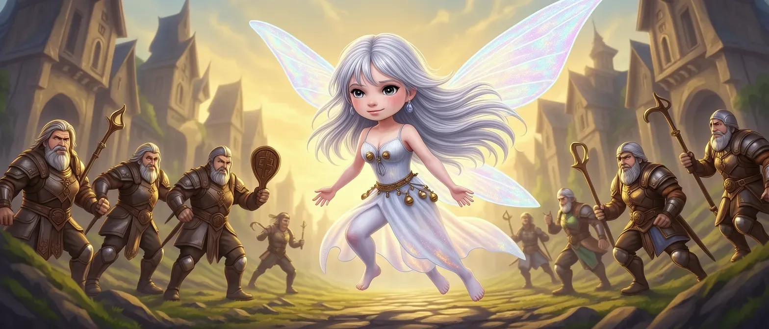 Diminutive sprite fairy with flowing silver hair, iridescent shimmering wings, pale skin, wearing gossamer tunic with tiny bells, mischievous eyes, eternally youthful appearance.