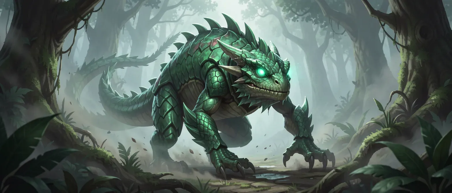 Small emerald-scaled lizard-like monster with glowing eyes and chitin plates, lurking in misty fantasy forest.