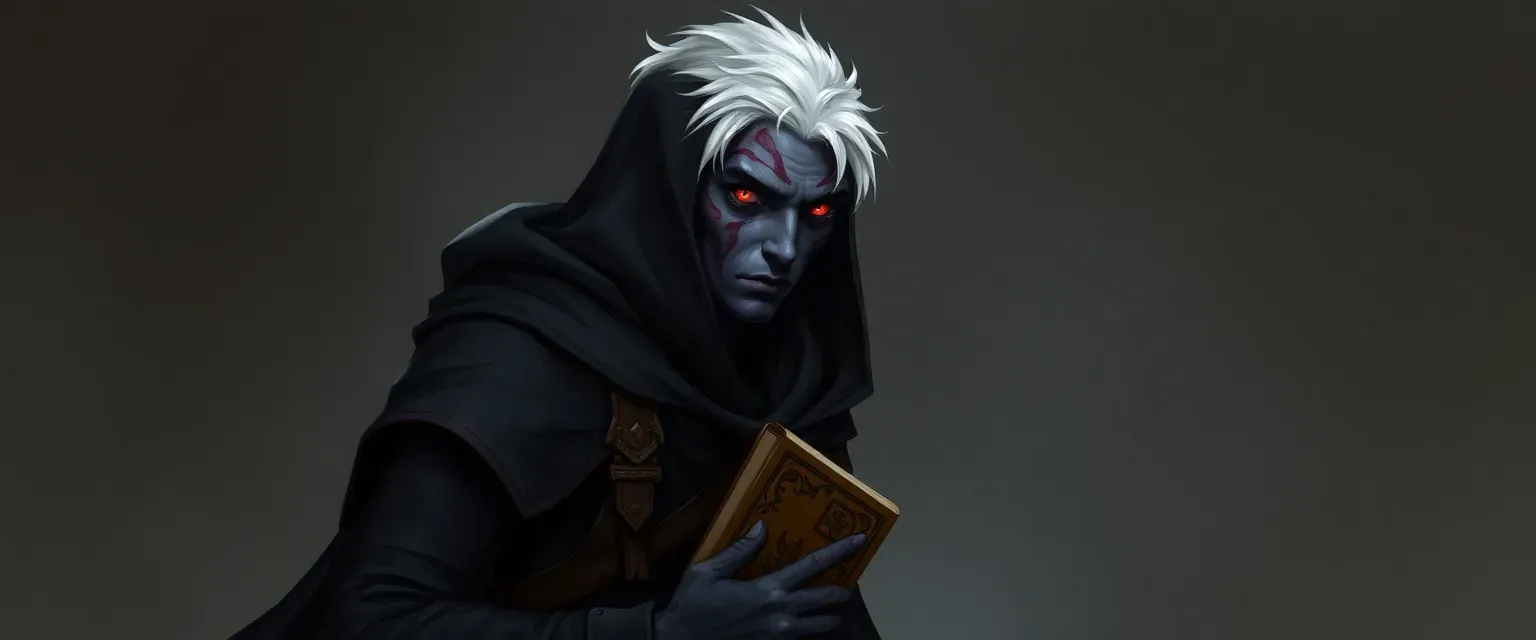 Lean 28-year-old drow male with scarred obsidian skin, short white hair, crimson eyes; wears hooded cloak, sturdy boots, and carries a journal; wiry build, wary expression.