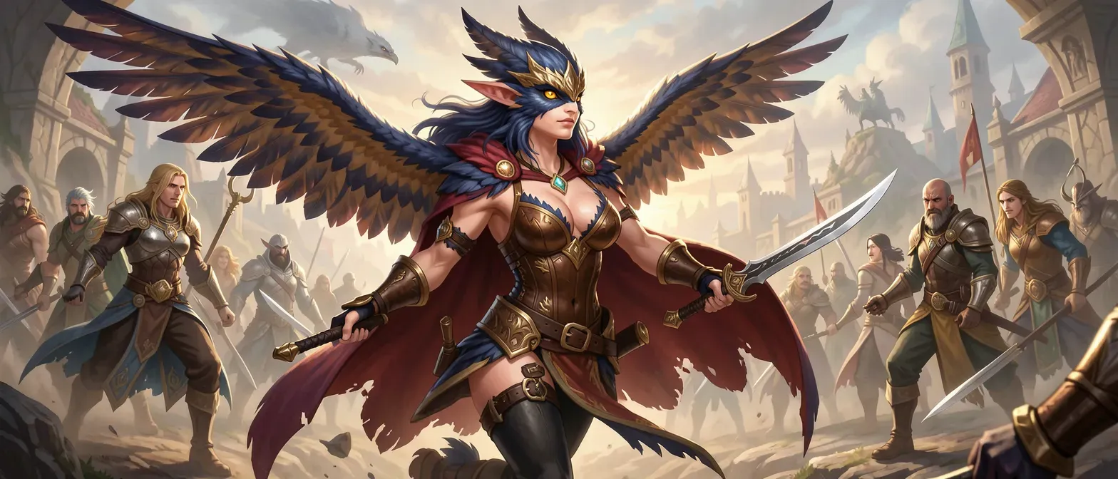 Lithe Aarakocra female, 28, indigo-gold feathers, golden eyes, leather corset showing chest feathers and cleavage, crimson cloak, scimitar at hip, confident and beautiful.