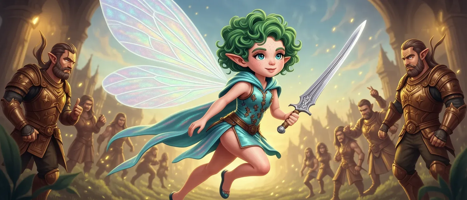 Tiny sprite fairy with iridescent gossamer wings, emerald curls, pale freckled skin, sharp elfin face, wearing patchwork silk vest and thistledown cloak, holding a silver dagger.