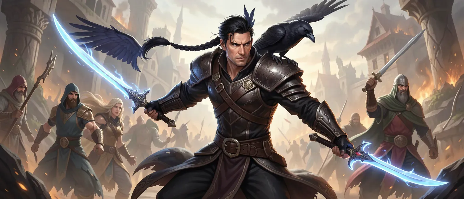 Pale Shadar-kai assassin in his 30s, lean build, gray eyes, black hair in braid with raven feathers, dark leather armor, twin glowing soul-blades, raven on shoulder.