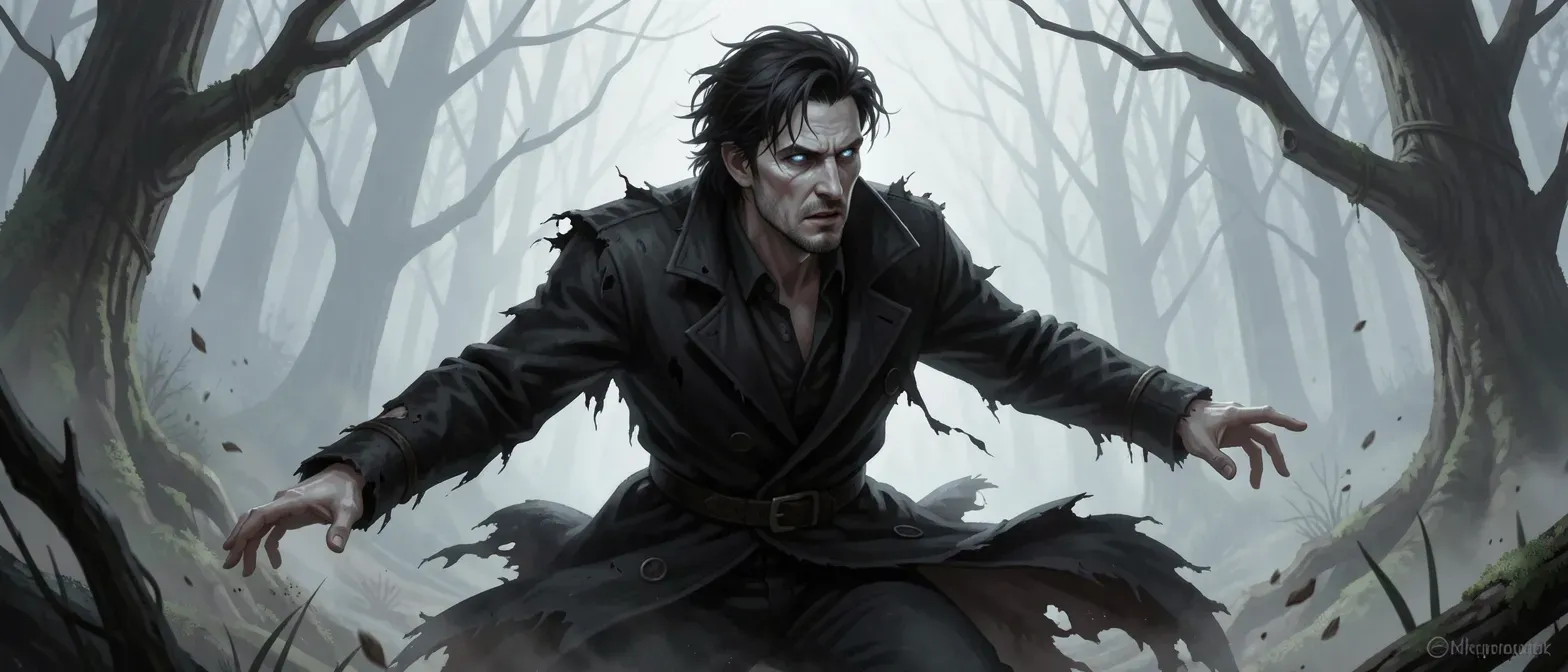 A 26-year-old pale man with sharp features, dark unkempt hair, and cold void-like eyes, wearing a tattered black coat in a misty forest.