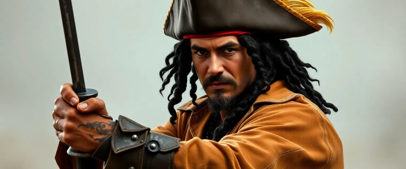 Mid-30s swarthy Spanish pirate with black ringlet hair, scarred face, wearing tricorn hat with golden plume, open linen shirt revealing tattoos, breeches and scarred boots, wielding a rapier.