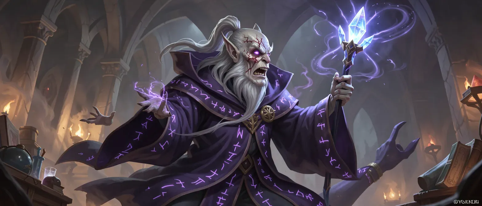 Gaunt ancient wizard with violet eyes, scarred face, midnight robes with glowing runes, holding crystal staff, muttering spells.