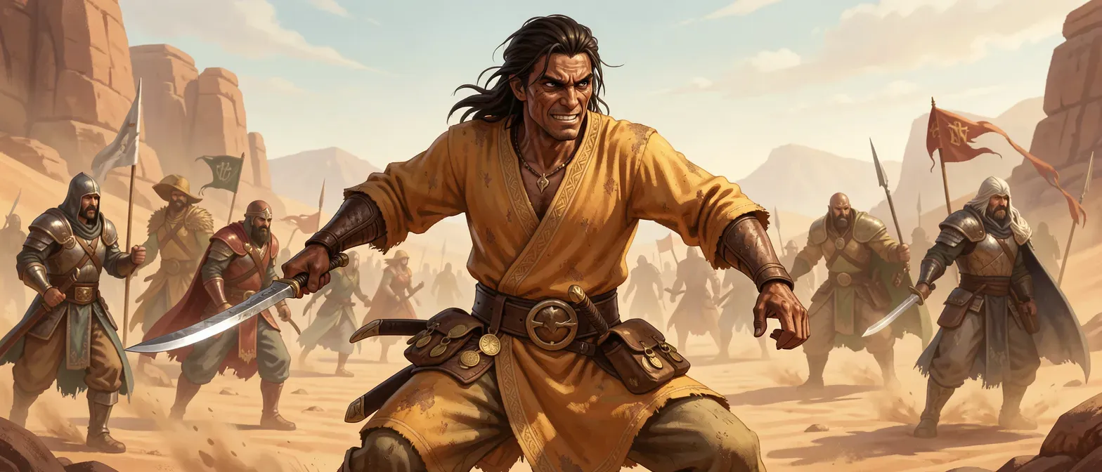 A lean, 25-year-old desert merchant with weathered brown skin, sharp black eyes, wearing a faded saffron kaftan, belt of coin pouches, and a curved dagger; sly, predatory expression.
