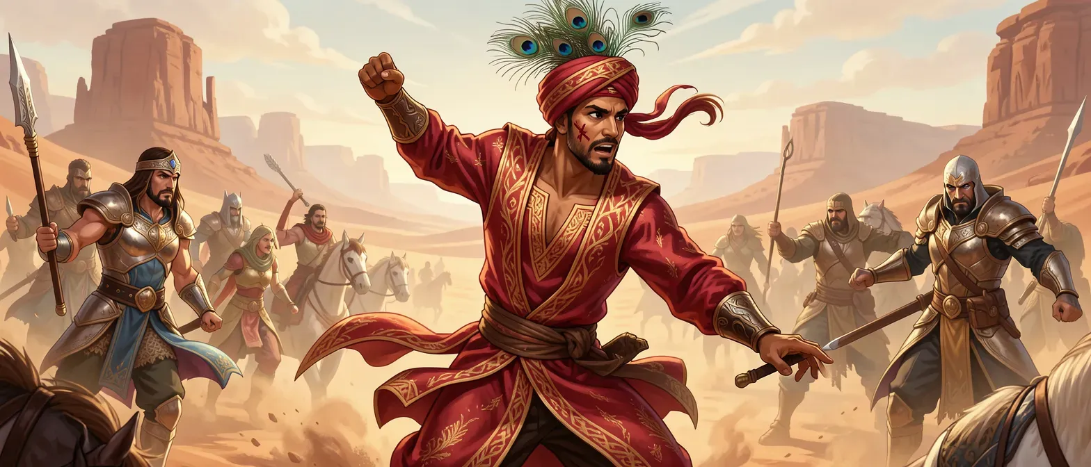 Young lean desert merchant, sun-baked tawny skin, obsidian eyes, crimson silk robes with gold threads, turban with peacock feather, scar on left cheek.
