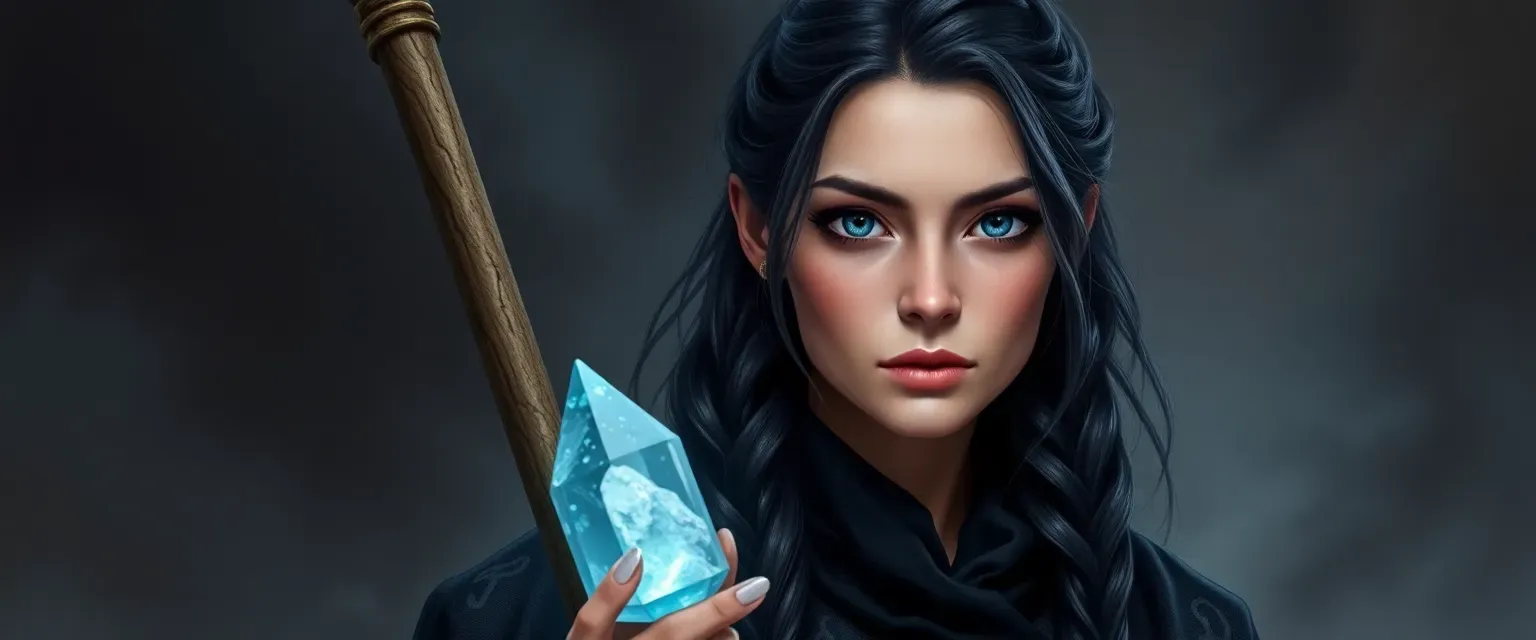Pale-skinned woman in her late 30s with storm-gray eyes, long raven hair in a braid, wearing black velvet robes with silver runes, holding a yew staff with glowing crystal, calm and calculating expression.