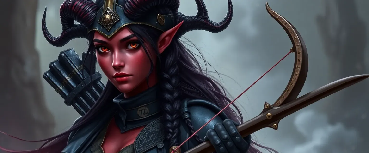 Crimson-skinned tiefling woman, 27, with curved horns, long raven hair in braids, ember eyes, wearing rune-etched black leather armor and winged steampunk helm, carrying enchanted yew longbow.