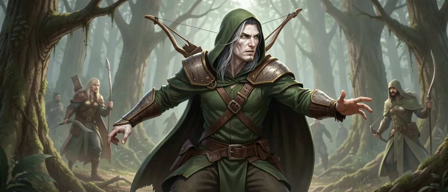 Lithe wood elf ranger in his apparent 30s, pale birch-bark skin, silver-threaded chestnut hair to shoulders, emerald eyes, green leather tunic and hooded cloak, longbow on back, vigilant expression in ancient forest.