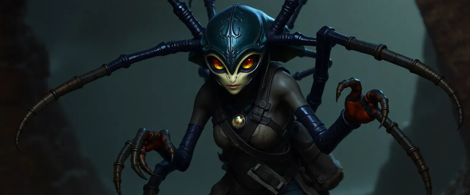 Female thri-kreen thief with black chitin exoskeleton, four slender arms, multifaceted eyes, mandibles, wearing shadowsilk harness with blades and pouches, scarred hide, beetle-shell necklace.