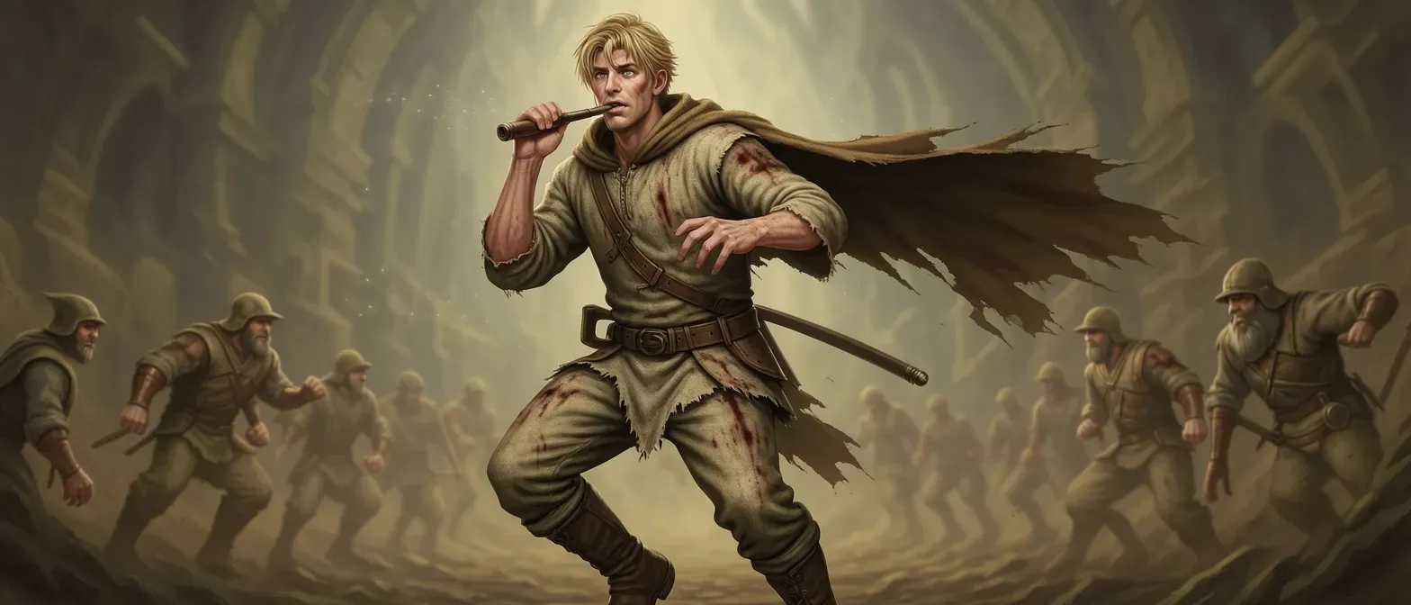 Lean, straw-blond young man in his early twenties with gray flint eyes, weathered skin, wearing frayed wool tunic, patched breeches, scuffed boots, and ichor-stained cloak; whistling eerily.
