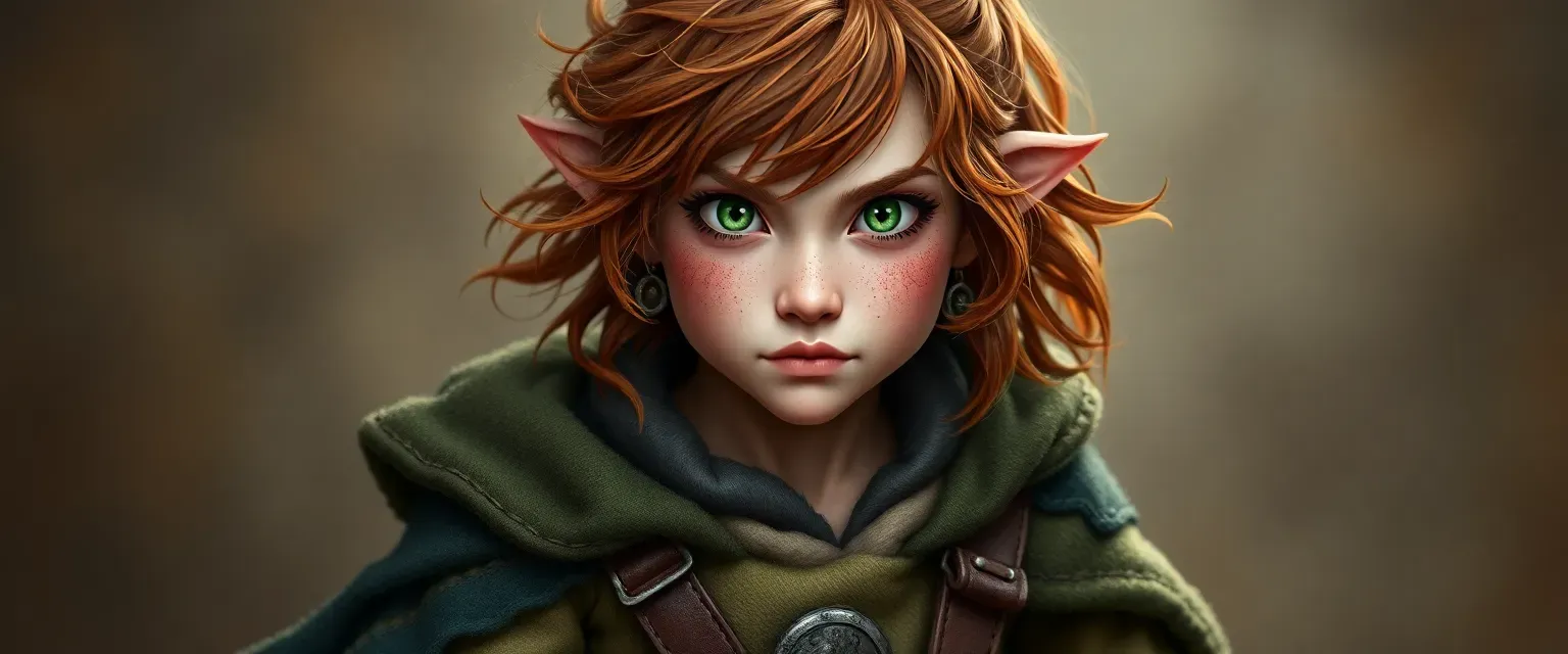 A 28-year-old female halfling with freckled skin, unruly chestnut curls, sharp green eyes, wearing a patched woolen kirtle, leather belt with pouches, and nettle cloak; small stature, defiant expression.