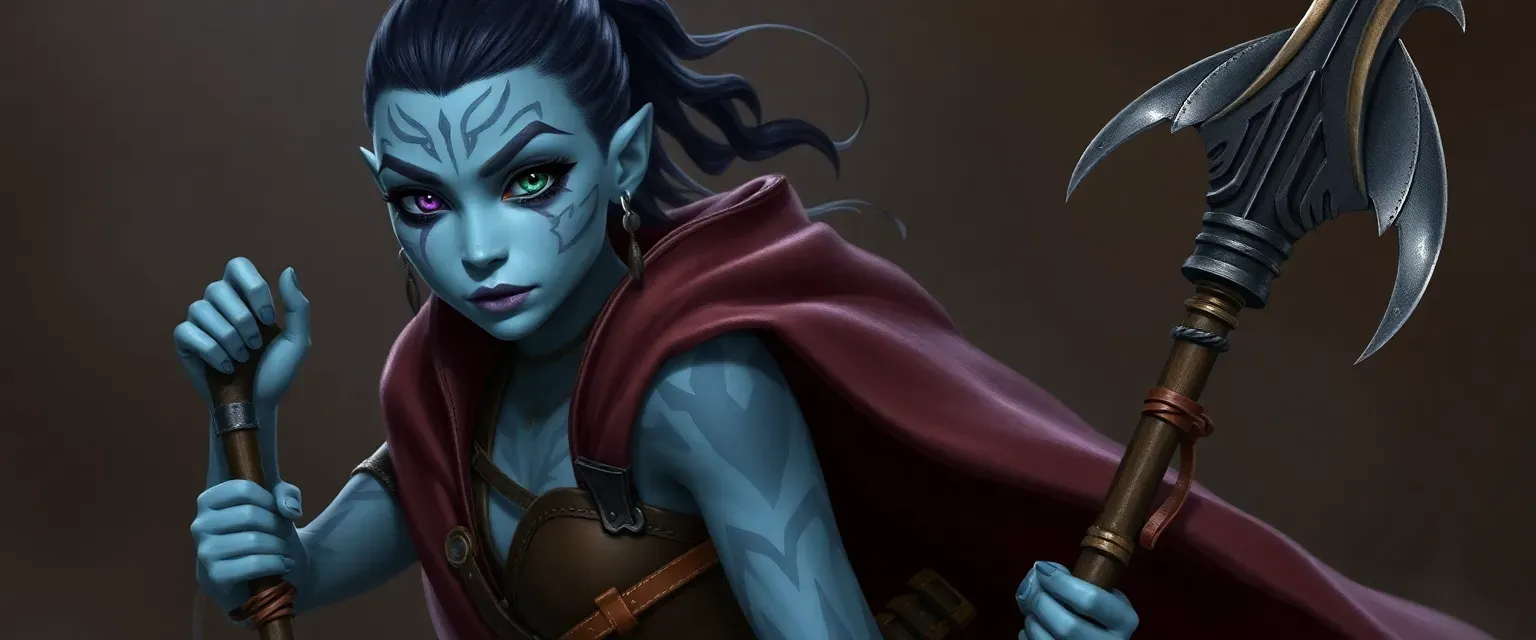 Lithe 17-year-old female goliath with gray-blue skin, tribal tattoos, split purple-green left eye, wearing leather vest and cloak, carrying war pick and quill spellbook, with mimic coinpouch.