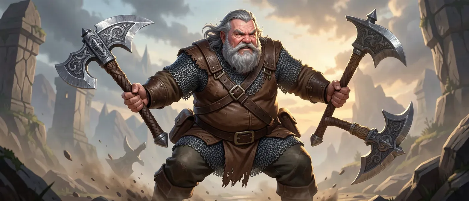 65-year-old dwarf woman with graying beard, sturdy build, wearing leather traveling garb and chainmail, carrying ornate axes.