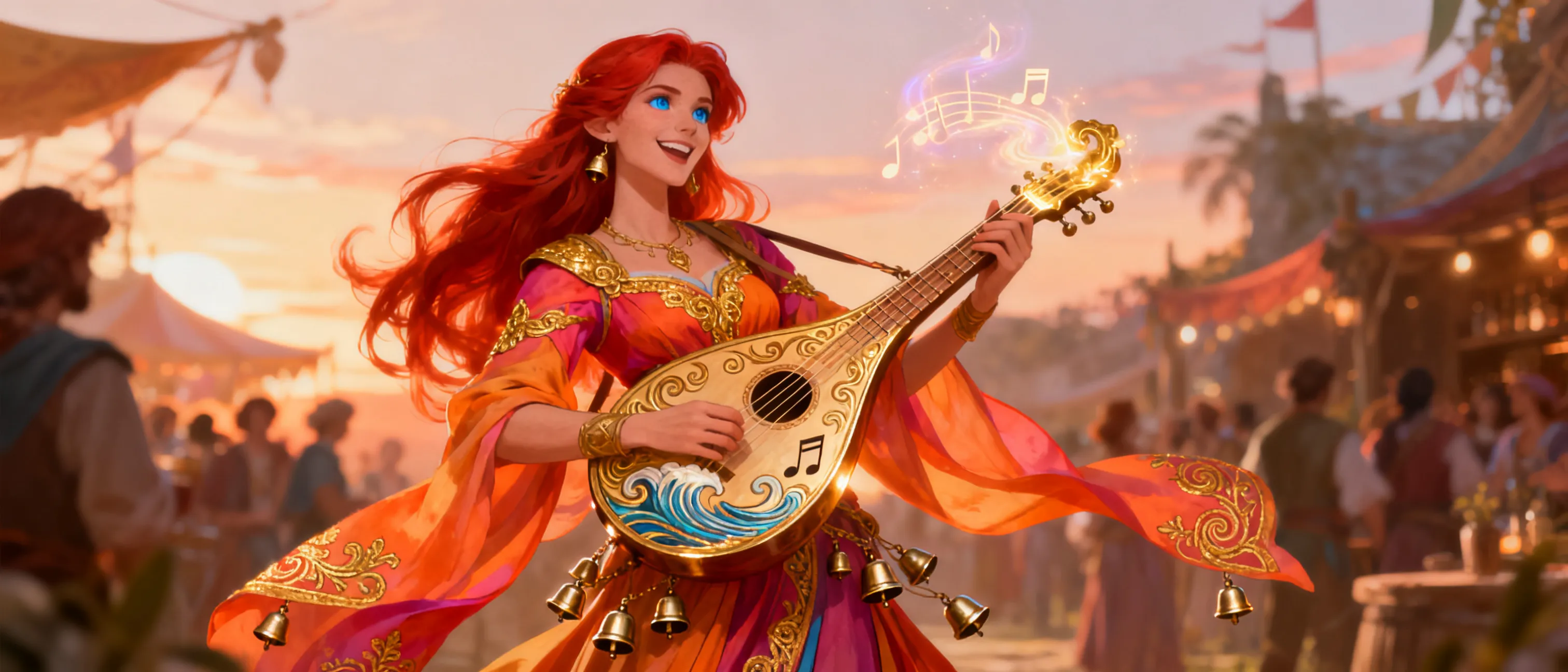 the god of music has long red hair, bright blue eyes, wears vibrant clothes, and carries a lute